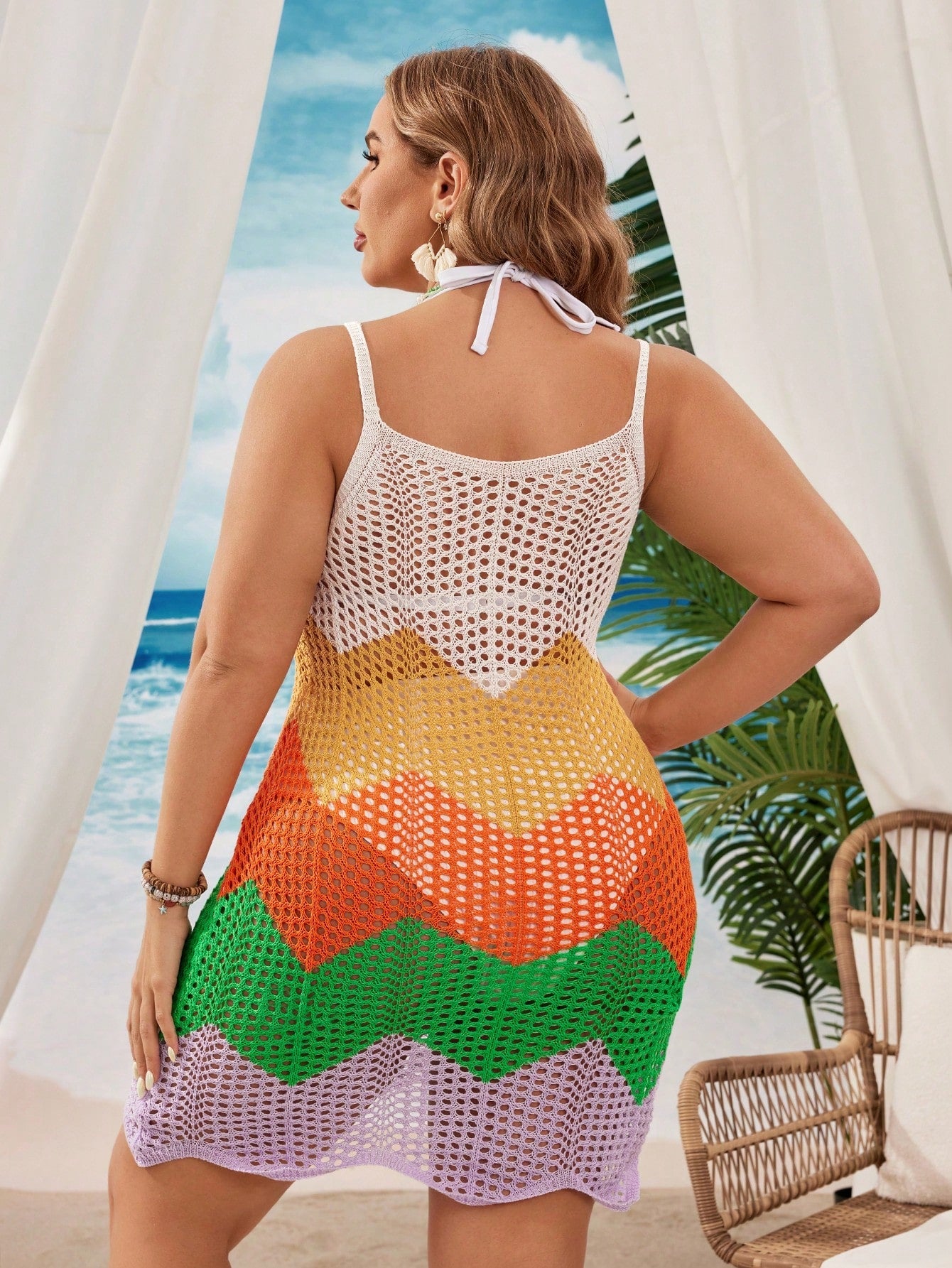 Saída de Praia Feminina Tricotada em Blocos de Cores - Helena