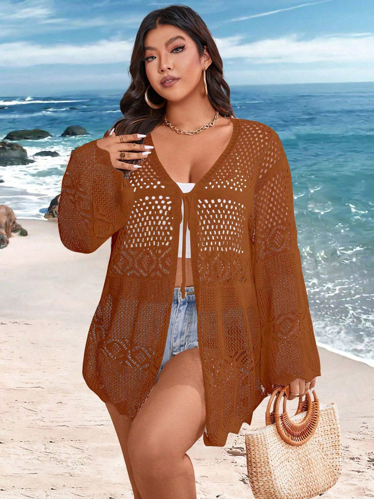 Cardigan Feminina de Praia Vazada com Amarração Frontal - Liana