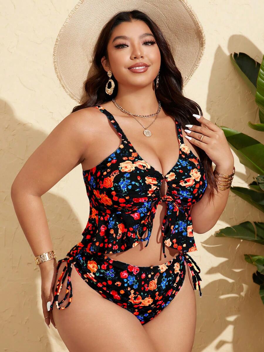 Tankini Feminino com Babado no Busto, Amarração Lateral, Fenda