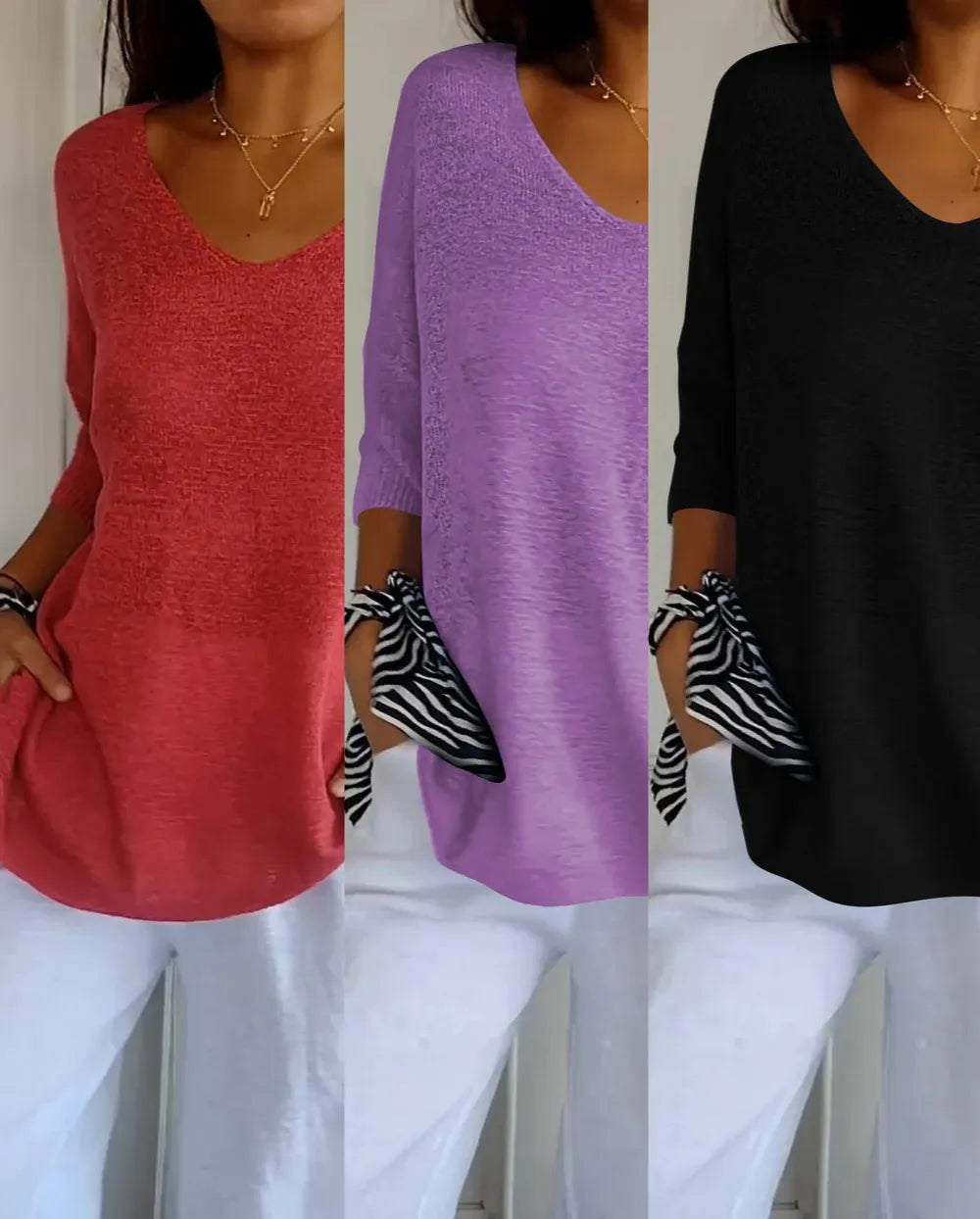 Kit 3 Blusas Luna® em Malha Leve – Decote V